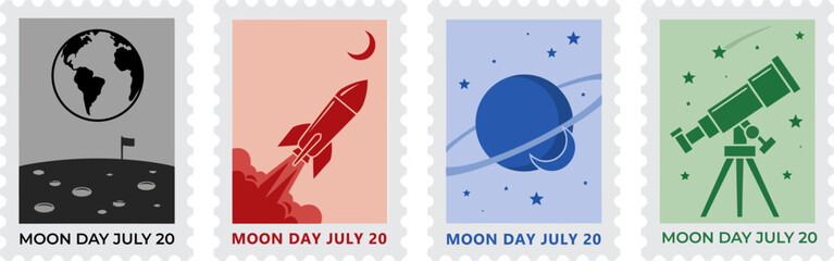 Vintage Moon Day July 20 postage stamps, retro space exploration vector set, astronomy commemorative stamps with rocket and planet icons © Aman