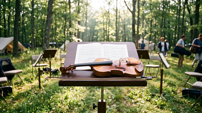 Classic violin and sheet music resting on stand in peaceful forest setting