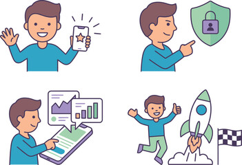 Fototapeta premium A set of four illustrations depicting a man interacting with technology, including app success, data security, business analytics, and a startup launch.