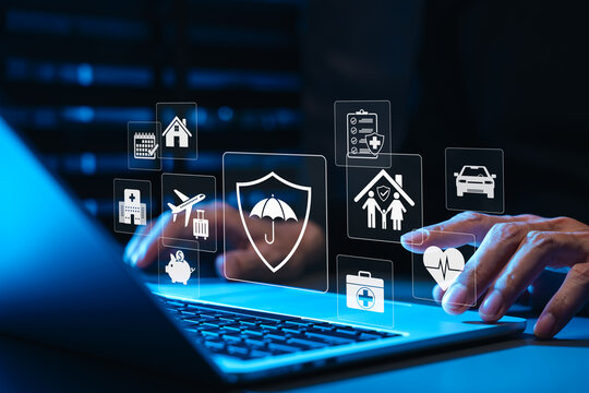 Insurance protection concept. policyholder using laptop. shield umbrella coverage, health care, life, family home, travel, car, medical claim, savings plan, financial security, risk management service