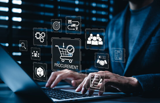 Procurement management concept. digital purchasing workflow, approval supplier, contract checklist, logistics tracking, inventory control, vendor negotiation, order processing, business supply chain