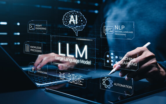 LLM large language model. generative AI technology. chatbot artificial intelligence. developer using prompt engineering, NLP natural language processing, machine learning, text generation, automation