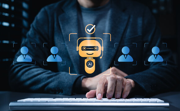 AI workforce replacement concept. Executive selecting robot over human employee profiles, representing automation decision, job displacement, HR transformation, productivity optimization, future work