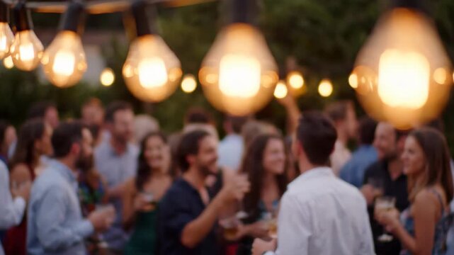 Outdoor party with friends enjoying a summer evening under string lights.