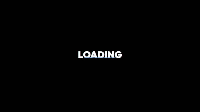 Loading text animation with a sleek blue progress bar moving across a minimalist black screen in this digital video clip