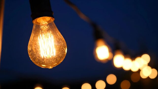 Close-up of a glowing Edison bulb on a string of lights at dusk.