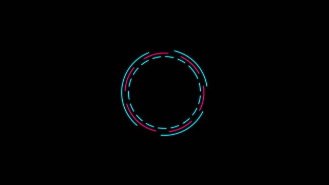 Glowing neon circular interface element features rotating dashed lines in vibrant cyan and magenta colors within this digital motion animation