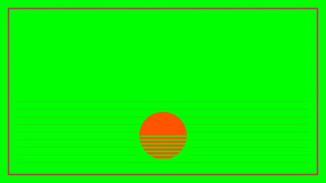 Minimalist orange sun setting over thin horizontal lines on a vibrant green digital video motion animation background screen display