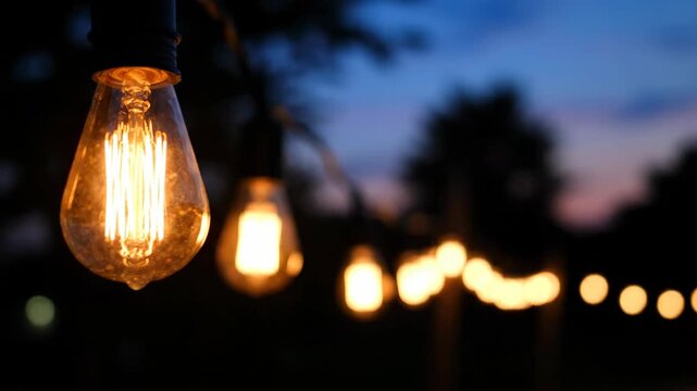 Close up of vintage Edison bulb lights strung together at dusk.