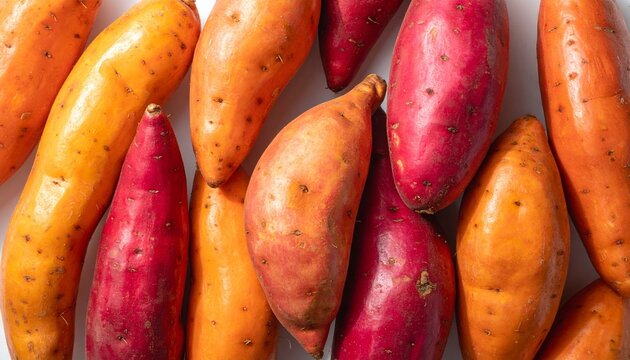 Close-up of sweet potatoes and yams on white surface, orange skins contrasted with reddish-purple skins, highlighting root vegetable textures and varieties.
