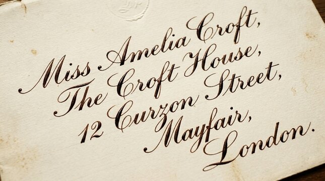 Close-up of a vintage envelope with elegant cursive writing addressed to Miss Amelia Croft in London.