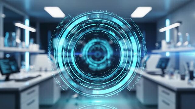 futuristic holographic interface displaying data analysis in a modern high-tech laboratory setting with scientific equipment, innovation, research, technology, medicine