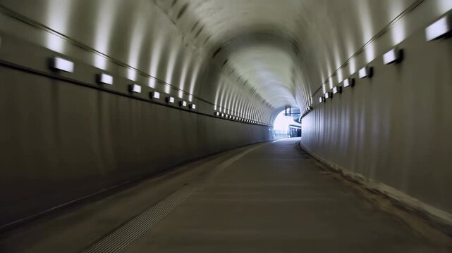 industrial tunnel with curved ceiling and lighting fixtures in a neutral setting, straight-on view of the tunnel interior with concrete and metal materials, clean and modern architectural.