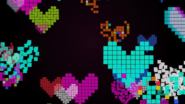 Falling Pixel Hearts Mosaic with Unique Glitch Patterns