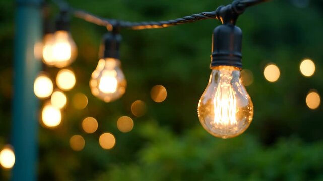 Outdoor string lights glowing warmly in the evening garden.