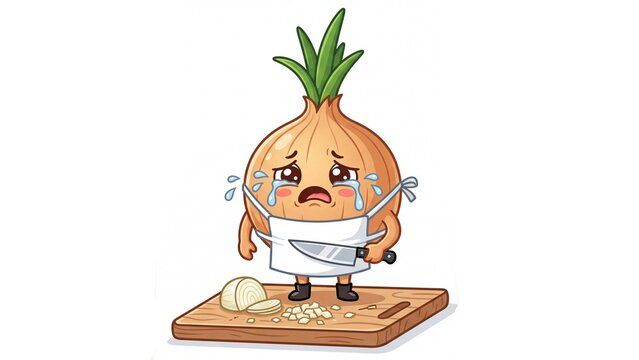 Sad cartoon onion character holding a sharp kitchen knife while crying on transparent background