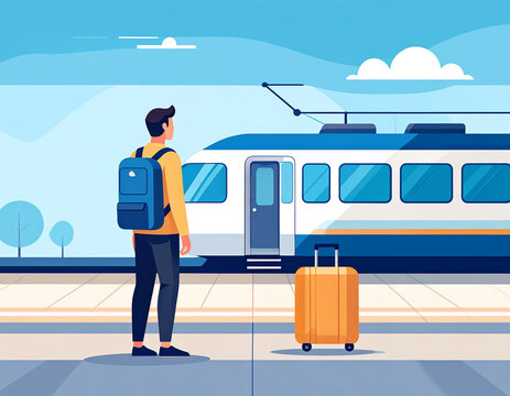 Young male traveler wearing backpack, standing railway platform, yellow suitcase beside. High speed modern passenger train, blue sky flat vector illustration artwork.