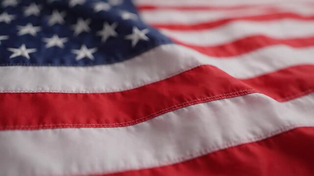 Close-up of the American flag waving gently, showcasing its iconic stars and stripes in detail.