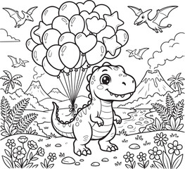 Cute baby dinosaur holding a bunch of balloons in a prehistoric landscape with volcanoes and pterodactyls © Ajoy