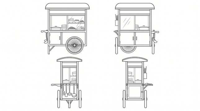 Traditional Indonesian Food Cart Line Art Vector Illustration Set - Gerobak Bakso and Mie Ayam Street Food Design