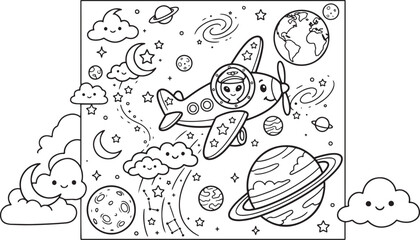 Obraz premium Cute alien pilot flying a small airplane in space coloring page for kids