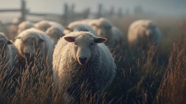 Sheep walking through tall grass in a misty pasture at dawn