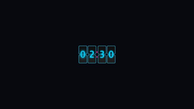 Digital countdown timer displays glowing blue numbers on a black screen in this high quality motion graphic video animation project.