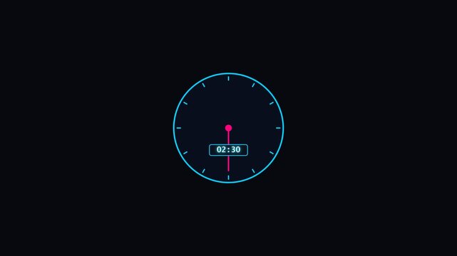 Minimalist digital clock face displays rotating red hands and changing time markers in this sleek motion graphic video animation clip