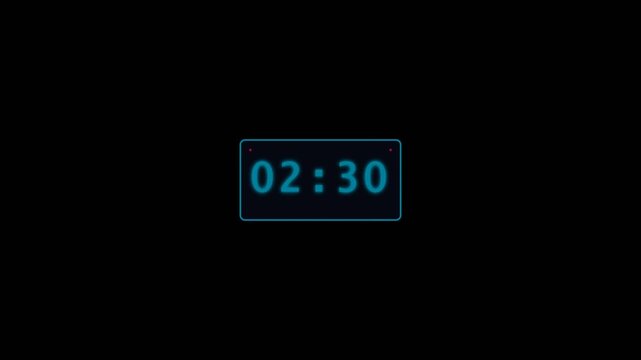 Digital countdown timer displays glowing blue neon numbers against a deep black background in this high quality motion video footage