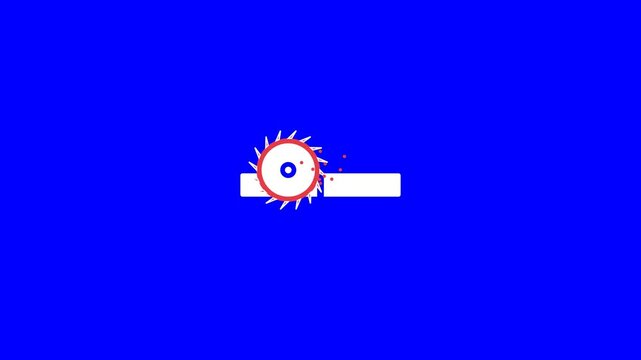 Rotating circular saw blade cutting through a white rectangular material in this minimalist digital animation motion graphics video clip project