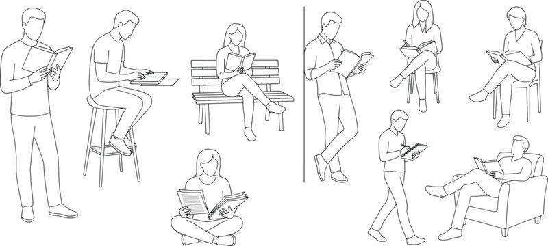 Minimal Line Art Collection of People Reading Books in Different Everyday Poses