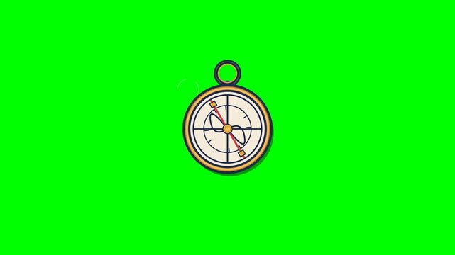 Antique circular brass compass rotates continuously on a bright green digital screen to create a smooth looping motion animation clip