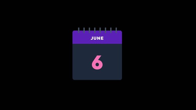 Calendar page animation showing changing dates in June with purple header and dark blue background for digital motion video clip