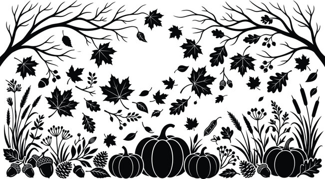 Autumn leaves and pumpkins in black silhouette on white background for fall design, seasonal foliage and harvest elements