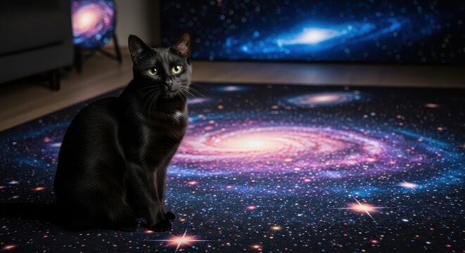 Black cat sitting on cosmic galaxy background.