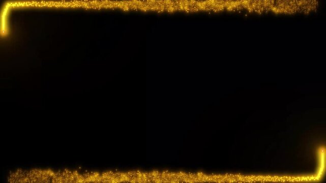 Luxury glowing gold particles rectangle moving smoothly on black background, abstract magical golden glitter square border overlay, festive christmas celebration background element. 4k video