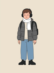 A cartoon person wearing winter clothing including a puffer jacket and headphones standing in casual attire for cold weather with a neutral expression. winter © Dikzma