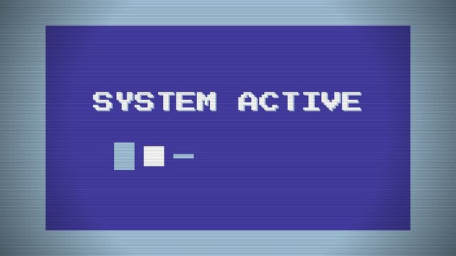 Retro computer screen, displaying lines of code and system messages on a blue background with white text, seamless loop, symbolizing technology and programming.