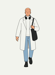 Fototapeta premium A man wearing a lab coat and headphones walks with a bag symbolizing a professional in healthcare or medical field with a casual style technology integration. winter