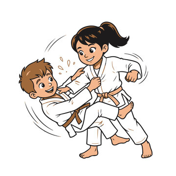Kids practicing judo. Children in white gi sparring. Martial arts class.