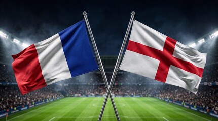 Fototapeta premium Crossed flags of France and England in a professional football arena