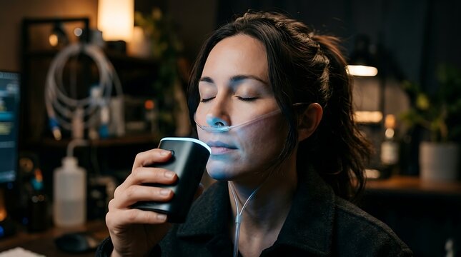 Woman using a nasal cannula with a handheld medical device