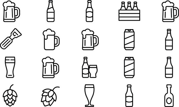 Craft beer brewery and bar pub drink line icon set vector illustration featuring foam mugs bottles aluminum cans bottle openers hops stalks elements