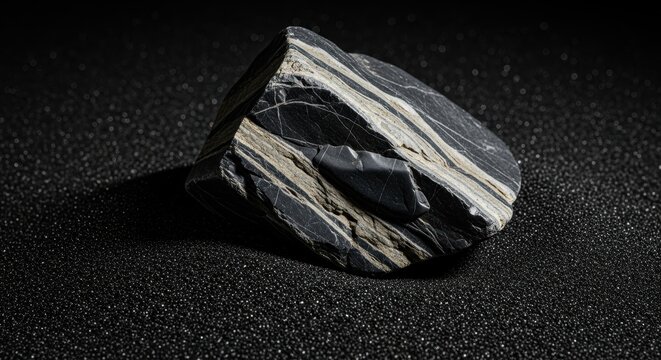 Black and white striped agate stone on dark background.