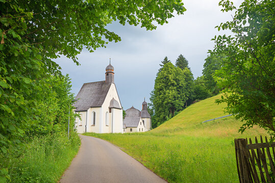 hiking route Loretto chapels Oberstdorf. hazel branches with green leaves, germany
