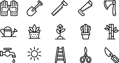 Gardening and backyard landscaping work line icon set vector illustration featuring hand gloves shovels pruning saws axes watering cans plants ladders shears elements © SARIFA