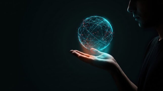 3D digital illustration of a glowing blue globe network sphere levitating over a man's hand for big data and global connectivity visuals