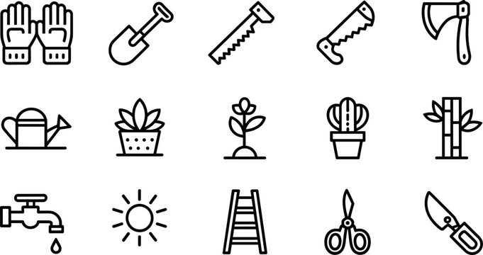 Gardening and backyard landscaping work line icon set vector illustration featuring hand gloves shovels pruning saws axes watering cans plants ladders shears elements