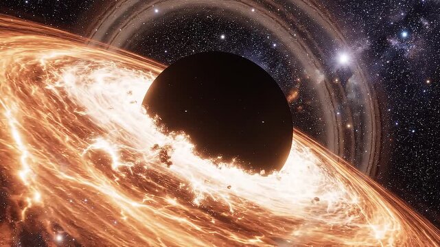 オレンジ色の降着円盤が激しく燃え盛る壮大な宇宙のブラックホール動画