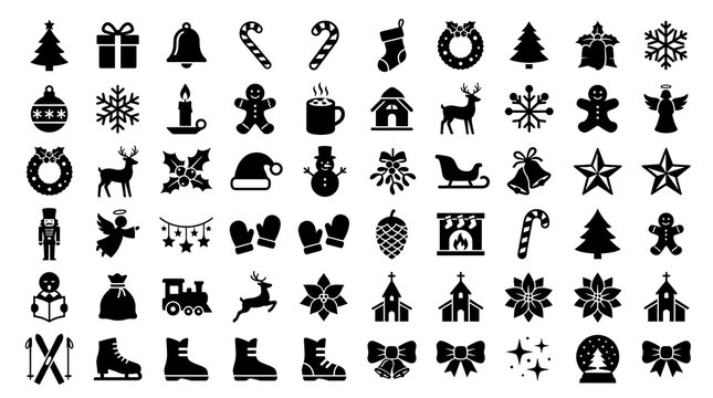 Holiday symbols set displays an assortment of festive silhouettes including reindeer and winter sports gear for seasonal layouts.